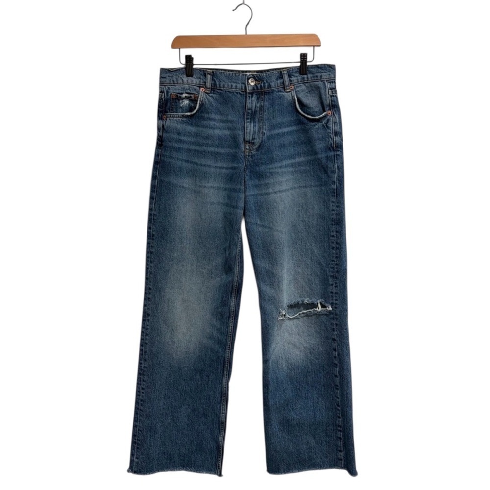 Zara Women’s Wide Leg Blue Jeans Distressed 100% Cotton Raw Hem